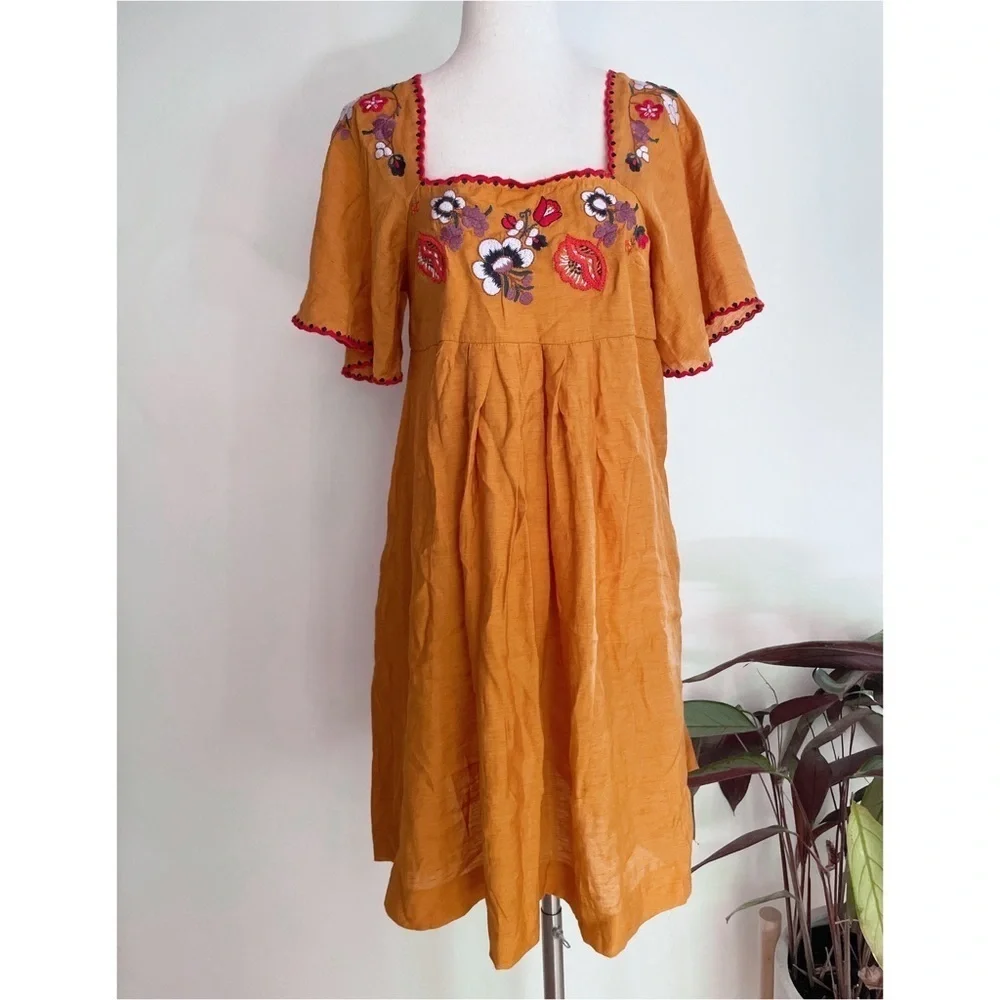Madewell Floral Embroidered Square-Neck Marigold Yellow Mini Dress Small​​​​​ - Picture 2 of 11